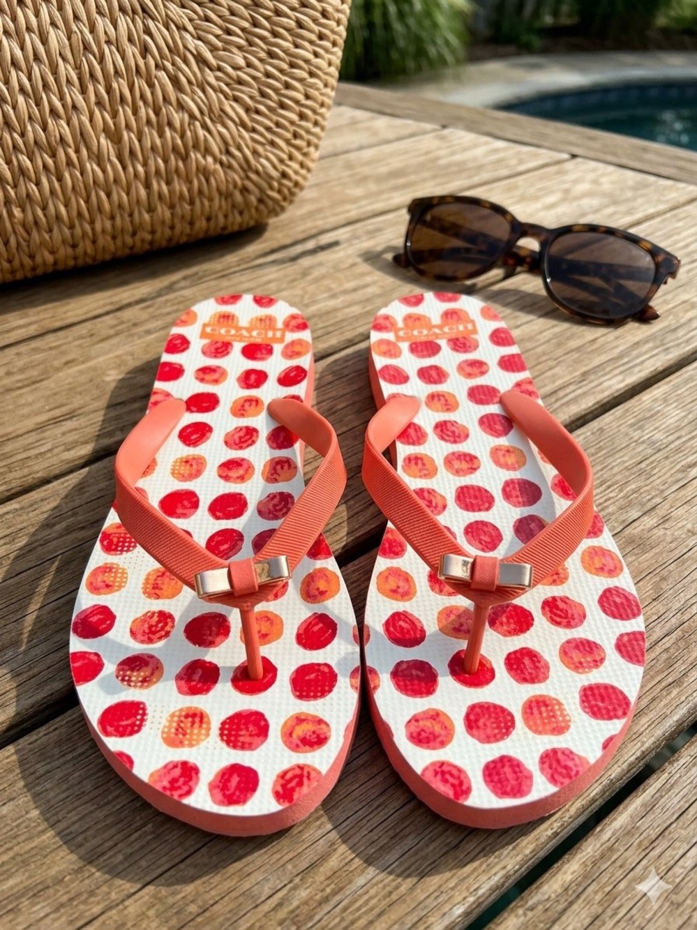 Coach Amel Coral Orange Polka Dot Bow Flip-Flops Size 9/10